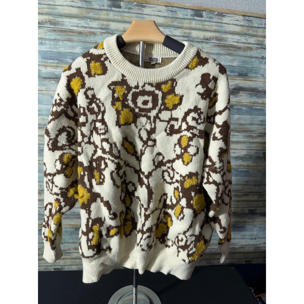 Gimmicks BKE Sweater Large Cream Brown Floral Knit Excellent Boho Crewneck L